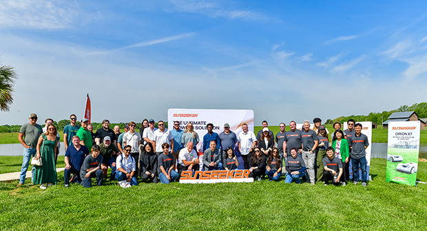 Dealers and distributors joined the Sunseeker team on April 16 to demo the new Orion X7 robotic mower. (Photo courtesy of Sunseeker)