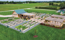 Hidden Creek Landscaping installed 60 raised garden beds to flank the central meeting space. The beds serve as growing spaces for vegetables and herbs for employees at the Scotts Miracle-Gro corporate campus. (Photo: Hidden Creek Landscaping)
