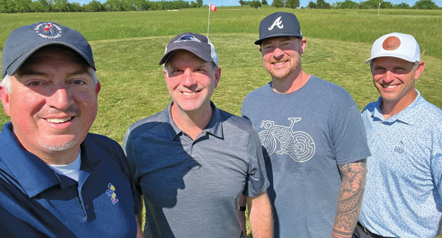 Keeping up with the Joneses (Left to right) LM’s Jones with Colby Jones, Joe Sharp and Andrew Jones, business development manager, SiteOne. (Photo: LM Staff)