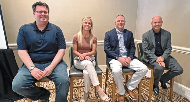 Sustainability session: A quartet of industry experts came together at the TOCA annual meeting for a panel discussion on sustainability — (left to right) Ron Reitz, Enhanced Landscape Management; Leah Withrow, head groundskeeper, Reno Aces; Patrick Parkins, superintendent, TPC Las Vegas; and Jeff Jensen, Southwest field staff representative, GCSAA. (Photo: LM Staff)