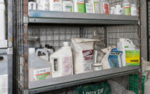 Assorted pesticides are shown safely stored on a shelf. (Photo by Tyler Jones, UF/IFAS)