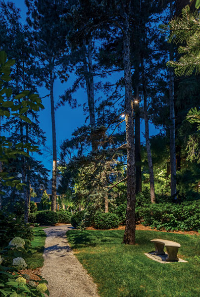 Moonlight Magic Downlighting on trees can be used to mimic natural moonlight. (Photo: Tom Kessler Photography, courtesy of McKay Landscape Lighting)