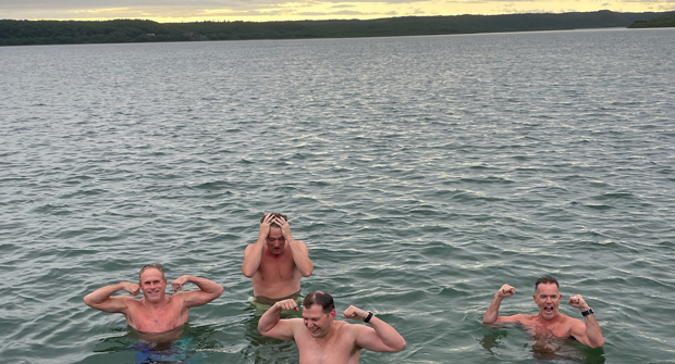 Polar plunge!: A challenge was issued and it grew in numbers each day — starting the morning off with a leap into the icy cold waters of Bristol Bay. Here, (left to right) Strempek, Cole Weller, Weller Bros., Vince Torchia, The Grow Group and Jason Cromley, Hidden Creek Landscaping, get the heart rates pumping. (Photo: James Cali)