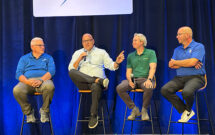 A panel discussion on autonomous mowing at Ignite 2024 featured (from left) Dan Blake with Aspire, Todd Reinhart with Reinhart Landscaping, Charles Brian Quinn with Greenzie, and Clayton McLagan with Husqvarna. (Photo: LM Staff)