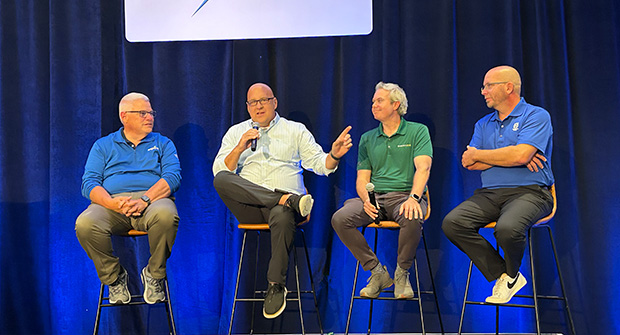 A panel discussion on autonomous mowing at Ignite 2024 featured (from left) Dan Blake with Aspire, Todd Reinhart with Reinhart Landscaping, Charles Brian Quinn with Greenzie, and Clayton McLagan with Husqvarna. (Photo: LM Staff)