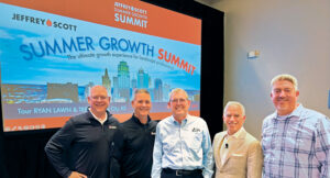 The nicest man in the industry: The LM team and Jeffrey Scott had to get a photo with the host company’s president — and nicest man in the industry — Larry Ryan of Ryan Lawn & Tree (center.) (Photo: LM staff)