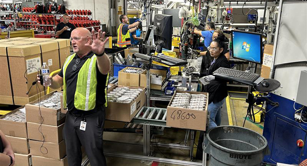 Ryan Ladley, Echo’s vice president of operations, led a tour of the company’s headquarters and production facility in Lake Zurich, Ill., during the Power-On-Athon 2024 product launch media event last week. (Photo: LM Staff)