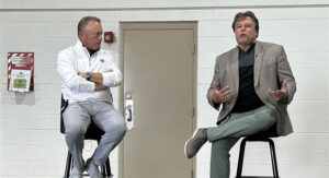 Marty Grunder (left) with the Grow Group and Grunder Landscaping led a Q&A with Jeff Sebert, the founder and CEO of Sebert Landscape, during last week’s NALP Field Trip at Sebert Landscape, hosted by Grunder. (Photo: LM Staff)