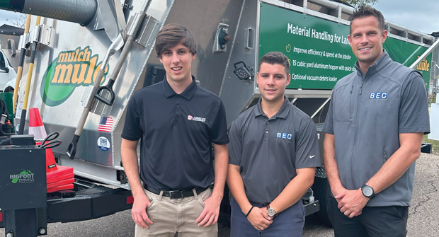 The mulch men: (From left to right) Nathan Mader, LM associate editor; Andrew Maillis, Brown Equipment Co. equipment consultant; and Shane Salyer, BEC director of sales, discussed the key features of the Mulch Mule at the company’s recent open house and demo day. (Photo: LM staff)