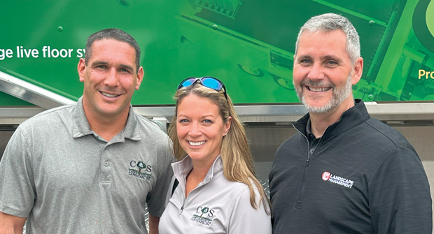 Service with a smile: Kerry and Jill Cline, the owners of C&S Lawn Service & Landscape in Wadsworth, Ohio, with LM Group Publisher Bill Roddy (right) at the BEC open house and demo day at the comapny’s North Canton Service Center. (Photo: LM staff)