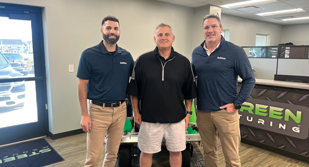 Forging a partnership: LM’s Hassen (left) and Craig MacGregor (right) spent some time with Matt Smith (center), the owner of Steel Green Manufacturing, during a recent visit to the company’s Lebanon, Ind., facility. (Photo: LM staff)