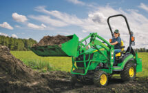 A compact utility tractor’s small size doesn’t stop it from moving big loads on a job site. (Photo: John Deere)