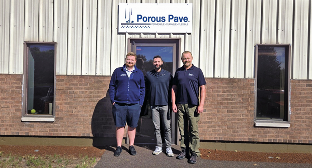 Paving the way: The LM team took a trip out to Grant, Mich., to check out Porous Pave’s facility and operations. Pictured (left to right) are Connor Ouwinga, Pourous Pave’s national sales manager, LM’s Nader Hassen, and Pouros Pave’s owner Dave Ouwinga. (Photo: LM staff)