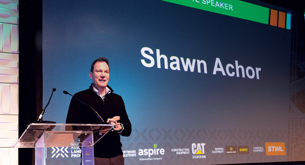 New York Times bestselling author Shawn Achor was the keynote speaker during Elevate’s Opening Session. (Photo: National Association of Landscape Professionals)