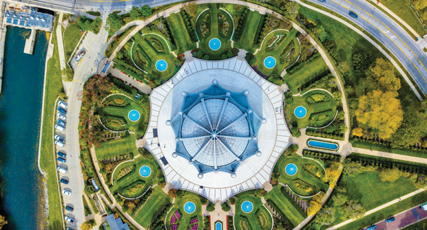 The symmetry and diversity of the nine gardens and nine approaches are showcased in this overhead view of the Bahá'í Temple grounds.(Photo: Roseborough partners)