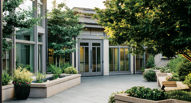 The welcome center courtyard is meant to be a calm and peaceful area of reflection. The aquatic garden adds the sights and sounds of moving water. (Photo: Roseborough partners)