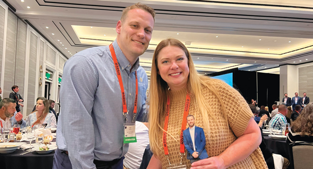 The award goes to …: The Most Innovative ACE Award was presented to Bret Schmitz, owner, CFO, and Robyn Schmitz, owner/founder/CEO, High Prairie Outdoor, Kansas City, Kan. Their trophy is a mini Chris Psencik cut-out. That’ll look good on the mantle! (Photo: LM staff)