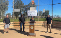 (Left-right): Scott Bills, Sports Field Solutions LLC/Project EverGreen Board President; Alpha Jones, SFMA President-Elect; Cindy Code, Project EverGreen and Nicholas Gonzalez, Director of Parks & Recreation, City of Palm Springs. (Photo: Project EverGreen)
