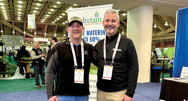 Men in black: Roddy paid a visit to the Arborjet/Ecologel booth and met up with Ryan Mason, the Mid-Atlantic regional technical manager, during MANTS 2025 in Baltimore. (Photo: LM staff)