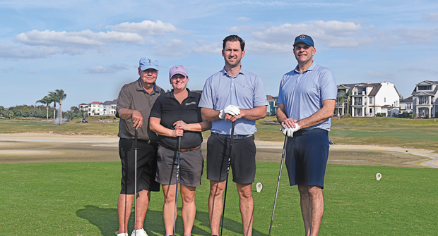 Chief competitors: North Coast Media’s president/owner, Kevin Stoltman (right) teed it up with (from left) Jim Turner from Numerator Technologies, Dani McFadden with PBI-Gordon and Colin Scarsdale with Pro Lawn and Pest at the LM Growth Summit. (Photo: LM staff)
