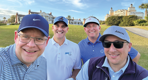 Fantastic foursome: (From left) LM Editor-in-Chief Scott Hollister took to the links with Jeff Harkness with 3PG Advisors, Lynn Tootle with Gro-Masters and Andrew Scott with PBI-Gordon during the LM Growth Summit. (Photo: LM staff)