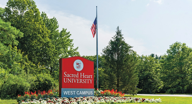 ELM recently installed a flower bed with red and white plantings in the shape of the University’s SHU wordmark, according to Greg Gross, branch manager. (Photo: Eastern Land Management)