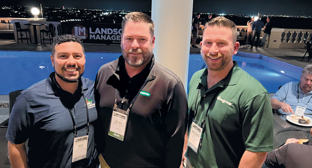 Pool party: (From left) Noe Loarca with Avanza Landscaping, Brad Hendrickson with Turfco and Richard Pearl with Drew’s Lawn and Landscape soaked up some hospitality during a reception at the LM Growth Summit. (Photo: LM staff)