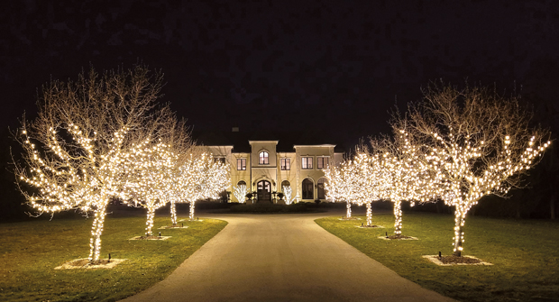 During the winter, David J. Frank provides holiday lighting services for the property, which includes lighting the eight pear trees in front of the home. (Photo: David J. Frank Landscape Contracting)