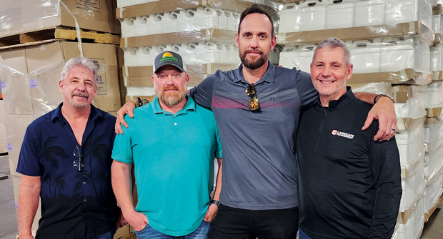 Greene gathering Roddy with (from left) Chip Soltesz from Dyna-Green, Josh Whitaker from Performance Lawns and John Perry, Greene County Fertilizer founder, president and CEO, at Greene County’s Lawncology event in February. (Photo: LM staff)