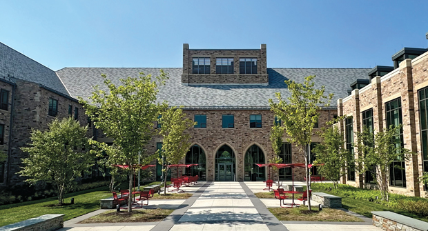Thea's Abbey in Pioneer Village is SHU's dining facility with outdoor eating areas. The university's campus life is largely facilitated by its walkability, healthy outdoor green spaces and water-tolerant landscapes. (Photo: Eastern Land Management)