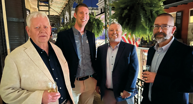 Balcony view (Left to right) Jim Pope, founder, Pope Landscape & Irrigation, Garner, N.C.; “Tiny” Tim Buiten, president, Tim’s Complete Landscape Management, Seattle; Levi Duckett, owner, Sunshine Landscape, Boise, Idaho, and Drew Gronholz, president, River City Lawnscape, La Crosse, Wis., take a moment on the balcony of Antoine’s, now in its fifth generation as a family-owned business.