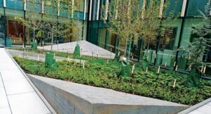Stunning stone: The "stone" features in this courtyard at the University of Cincinnati Hospital are actually foam capped with stone so they could more easily be moved into place. (Photo: Drew Christopher)