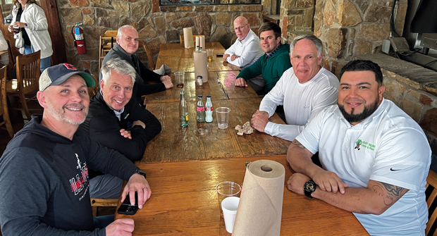 Shiny happy people The LM team had an exclusive invite to join their friends from Envu and members of its advisory board in Dallas. Pictured here (clockwise from left) are Roddy; Dan Stepinski, Perennial Services; Shawn Mullen, Envu; Ricki Linyard, Lawn Doctor; Michael Miracle, Envu; Ed Fleming, Lawns Unlimited; and Dusty Montiel, Happy Palms Lawn and Pest. (Photo: LM staff)