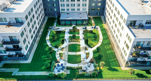 With the parking garage’s outdoor area sitting on top of a concrete floor, an irrigation system is needed to maintain the healthy gardens, and it is evaluated based on weather conditions and plant health.
