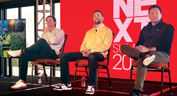 Electric Avenue At the Kress NEXT Summit in Colorado Springs, Colo., (from left) Greyson Walldorff, Lawn Capital; Justin White, K&D Landscaping; and Chris Angelo, Stay Green, shared stories of adding electric and autonomous equipment to their fleets. (Photo: LM staff)