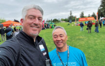 Electric avenue: Landscape Management’s Seth Jones grabbed a photo with Richard Ogawa of Gardenland Power Equipment and Towa industries during a visit to Northern California for the annual Zero-E Expo, which showcased the latest battery-powered and robotic products. (Photo: LM staff)
