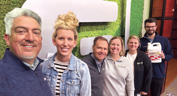 Full speed ahead: Jones took a short drive to meet up with the PBI-Gordon team at their headquarters in Kansas City, Kan. From left to right with Jones are Callie Zevecke, Dale Sanson, Ph.D., Melissa McDonald, Dani McFadden, Ph.D. and John Kenny. (Photo: LM staff)