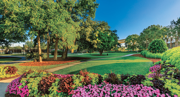 The 13 acres of turf require three or more fertilizations, aeration and overseeding annually, and a team of three is sent out twice a week for maintenance and detailing. (Photo: Ruppert Landscape)