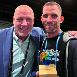 Justin Richards (right), aka SprinklerDude, the winner of the Ann Hunter-Welborn Circle of Excellence Award, with Russ Jundt, founder of Conserva Irrigation. (Photo: Conserva Irrigation)