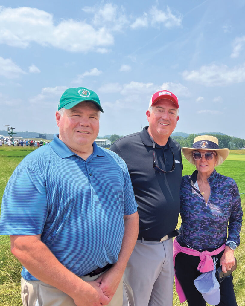 A beautiful day at the course: LM Editorial Director Seth Jones (middle) caught up with Nufarm’s Jamie Heydinger (left) and Beth Berry, Advanced Turf Solutions, at the 2025 U.S. Open at Oakmont Country Club. (Photo: LM staff)