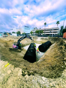 A series of large underground storage tanks are the foundation for the irrigation system on the Citrus Commons project in Sherman Oaks, Calif. All runoff from the property is directed through the landscaping and into these tanks, where it is filtered and recycled for irrigation uses.