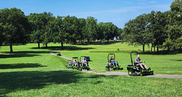 Greenworks mowers ride into action at the company's media event. (Photo: LM Staff)