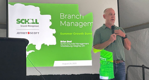 Jerry Schill, the co-founder and CEO of Schill Grounds Management, welcomes attendees at the Jeffrey Scott Summer Growth Summit to the company’s North Ridgefield, Ohio, branch. (Photo: LM staff)