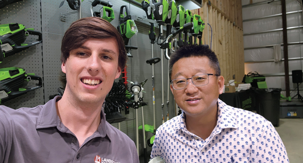 Optimus Prime: Nathan Mader (left), LM associate editor, got the chance to interview Greenworks CEO Yin Chen about their newest Optimus lineup of battery-powered landscape equipment at the company’s training facility in Tennessee. (Photo: LM staff)