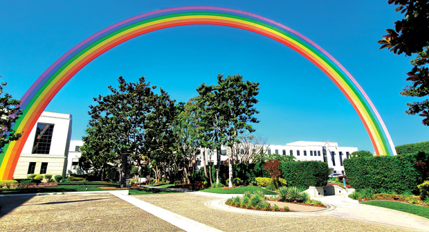 "Rainbow” is a 94-foot-tall and 188-foot-wide public art installation inspired by multiple factors, including rainbows as a symbol for imagination and optimism while referencing “The Wizard of Oz” film, which was shot on the former MGM lot (now Sony Pictures Studios) in Culver City in the late 1930s. (Photo: © 2025 Sony Pictures Entertainment. All Rights Reserved. Courtesy of Cadre Landscape)