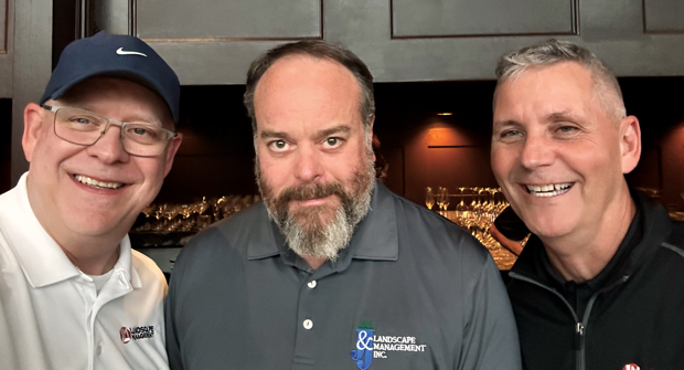 5. Meeting of the minds: James Derrington with J&J Landscape Management in Newington, Va., shared some time with Hollister and Roddy during one of the networking receptions at the Jeffrey Scott Summer Growth Summit. (Photo: LM staff)