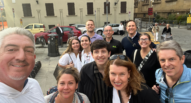 Following a fun-filled day in Florence, the ACE Domination group reconvened for the ride back to Petroio. In the back row is Bret Schmitz, High Prairie Landscape; Bob Marks, emi landscape; and Aaron Zych, ILT Vignocchi; in the middle row is Robyn Schmitz, High Prairie Landscape; Brie Marks, emi landscape; and Donna Vignocchi, ILT Vignocchi; and up front is Seth Jones, Landscape Management magazine and his wife Adrianne, Paul Myers, McFarlin Stanford and Tracy and Scott Wallingford, McFarlin Stanford. (Photo: LM staff)