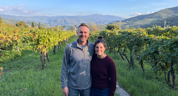 Nate and Jaime Jensen, Jensen Gardens, Omaha, Neb., enjoyed watching the sun set from the vineyards on the Petroio estate. (Photo: LM staff)