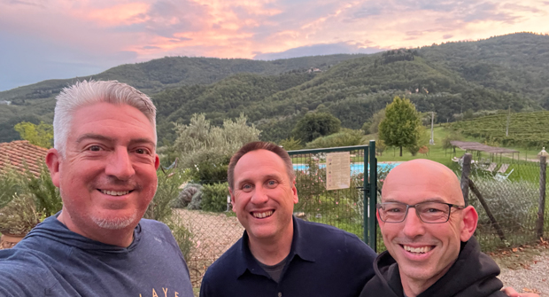 The sunsets in Tuscany are special and LM’s Jones didn’t want this one to pass by without a photo with Aaron Zych, ILT Vignocchi and Bob Marks, emi landscape. (Photo: LM staff)