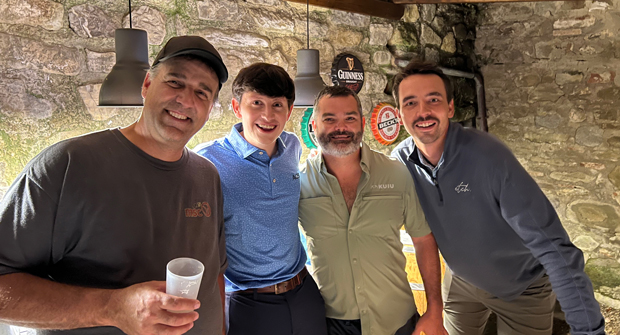 Following dinner at the estate, the guys made it down to the American Bar for a less formal conversation. From left to right are Tom Groh, Minnesota Sodding Co., Paul Myers, McFarlin Stanford, Garrett Matthews, Matthews Landscape, Shreveport, La., and Sam Rankin, Etch Outdoor Living, Des Moines, Iowa. (Photo: LM staff)